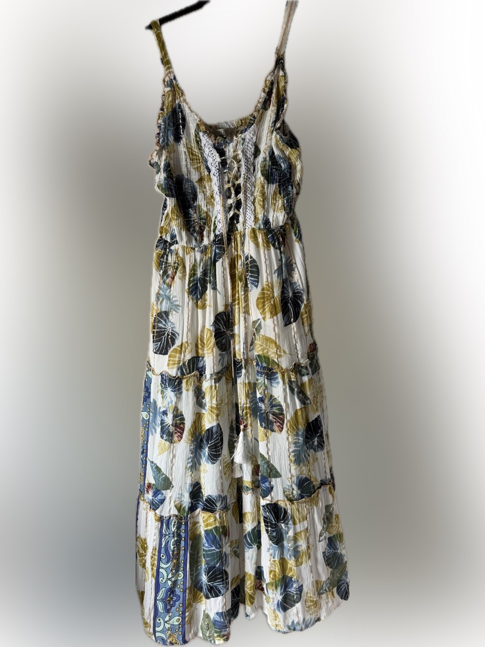 Lace-Up Cream Maxi Dress with Olive & Navy Leaf Print